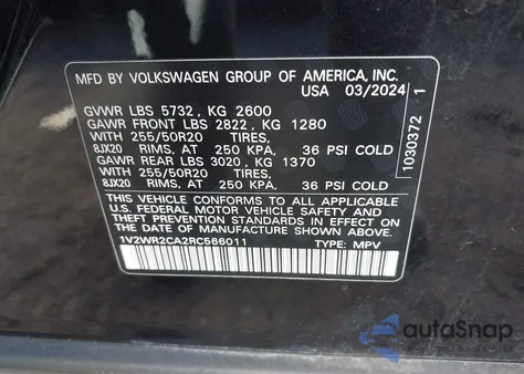 2024 Volkswagen Atlas 2.0T Se W/Technology из США, поврежденный, VIN 1V2WR2CA2RC566011